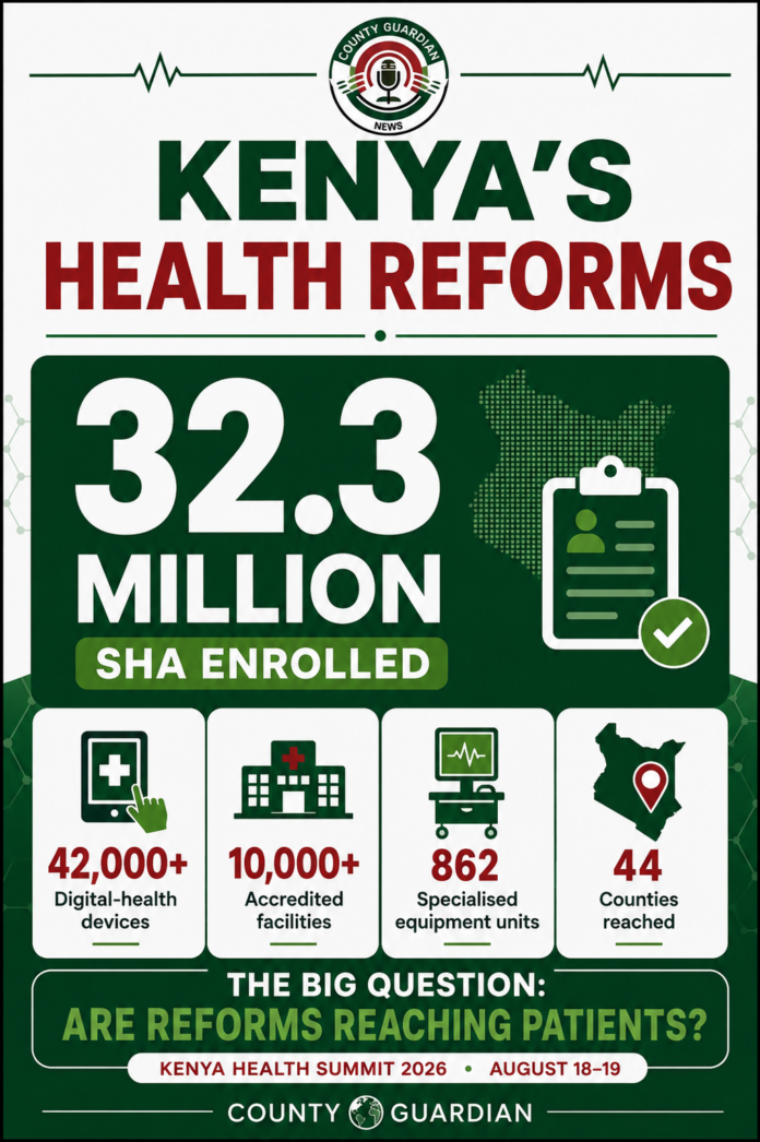 infograph health Infographic showing Kenya's health reforms, including SHA enrolment, digital health devices, accredited facilities and specialised medical equipment.